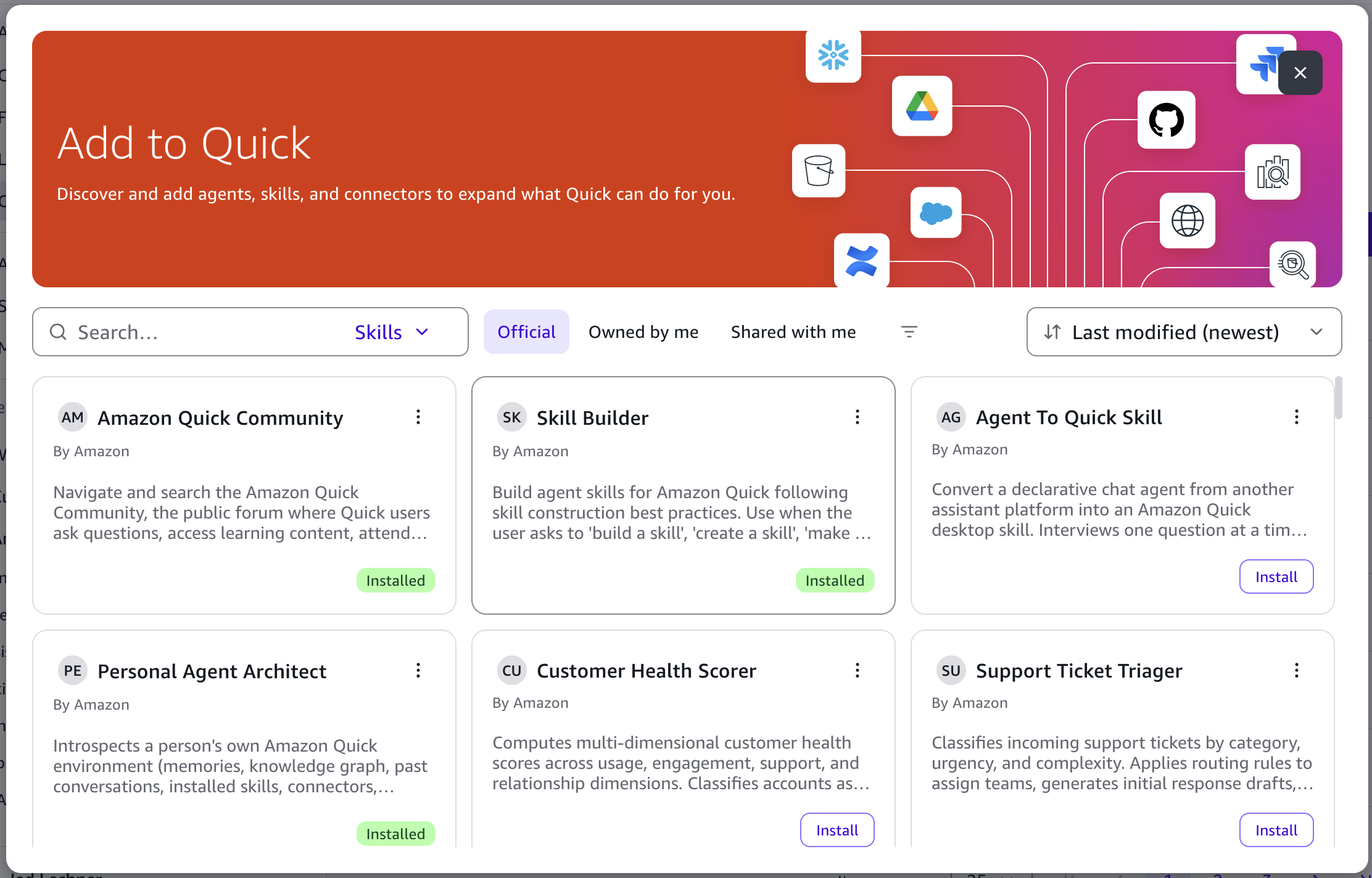 The Official tab of the Add to Quick window. Cards for official Amazon Quick skills show either an Installed badge or an Install button.